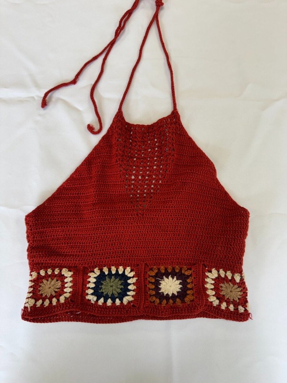 Forever 21 Halter Crochet Crop Top Burnt Orange Floral Granny Squares Size S